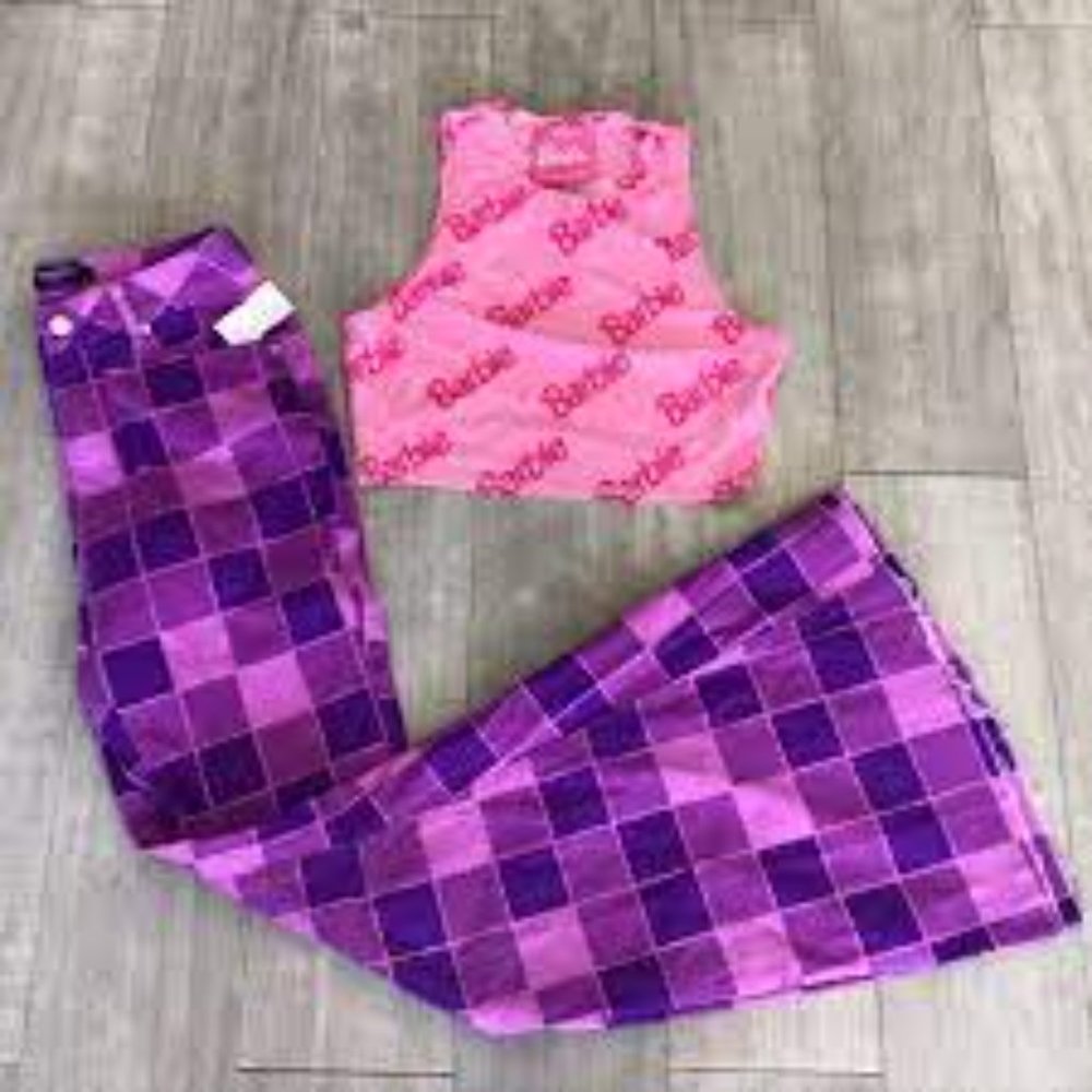 💥RETRO CHIC💥Dolls Kill American Bazi Checkered Flare Jeans in Purple/Plum/Pink - Picture 6 of 12